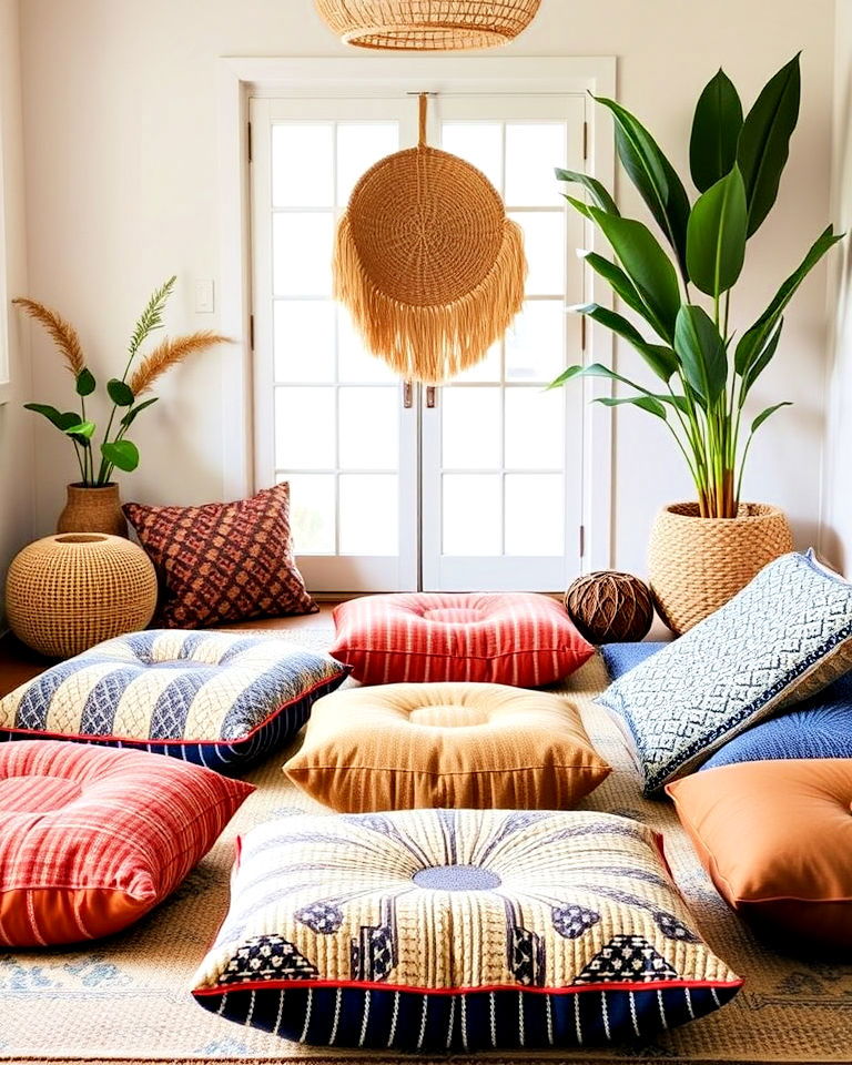 floor cushions and poufs for boho meditation room - 15 Boho Meditation Room Ideas