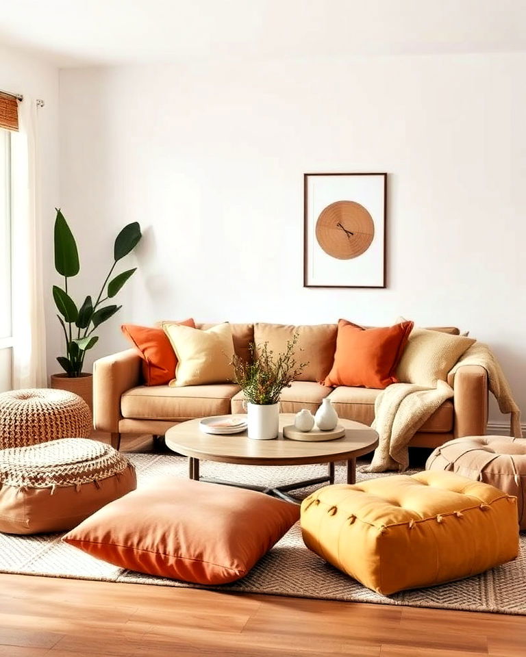 floor cushions and poufs for minimalist modern boho living room - 20 Minimalist Modern Boho Living Room Ideas