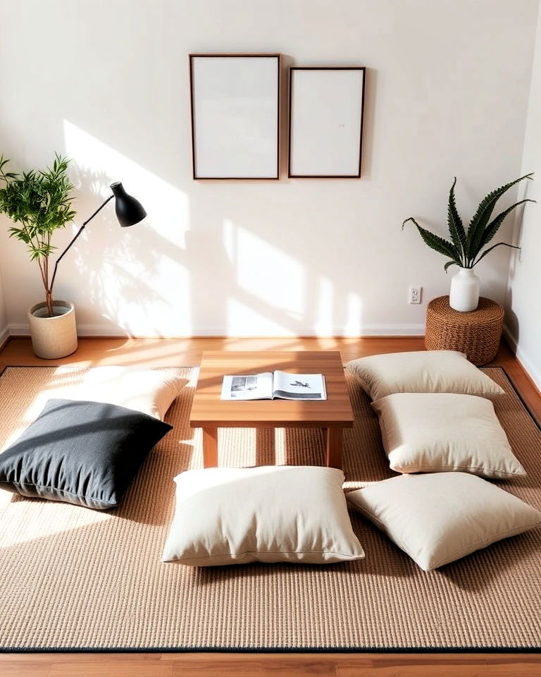 floor seating option home office - 30 Japandi Style Home Office Ideas