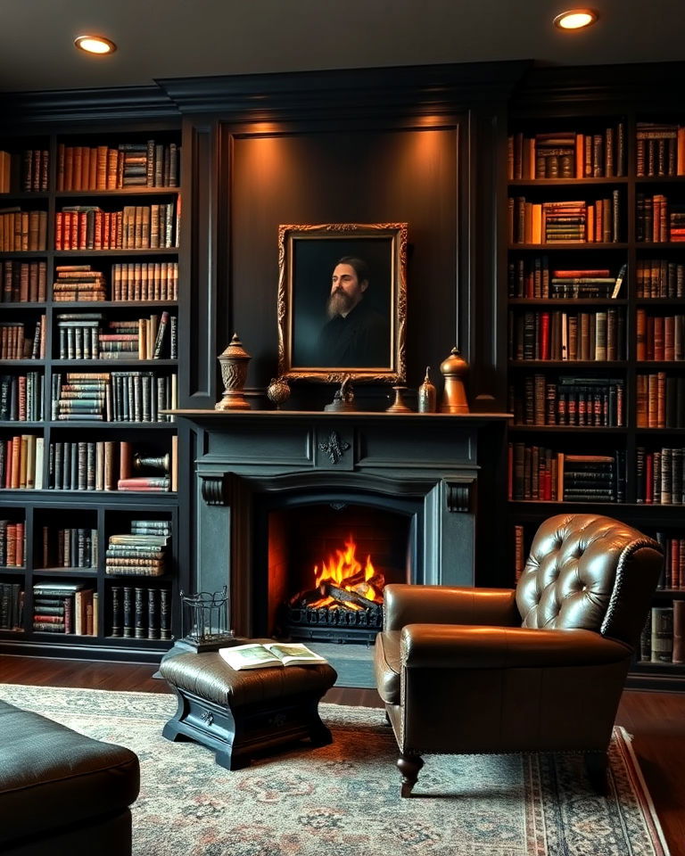 floor to ceiling bookshelves around the fireplace - 15 Dark Academia Fireplace Ideas