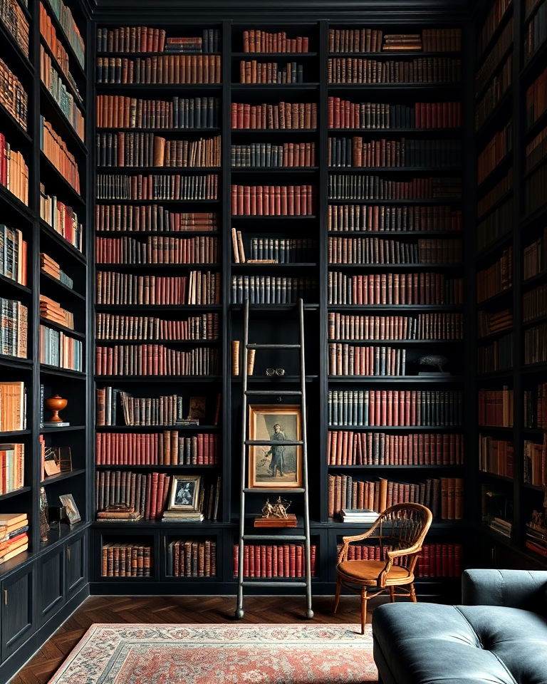 floor to ceiling bookshelves dark academia apartment - 15 Dark Academia Apartment Ideas