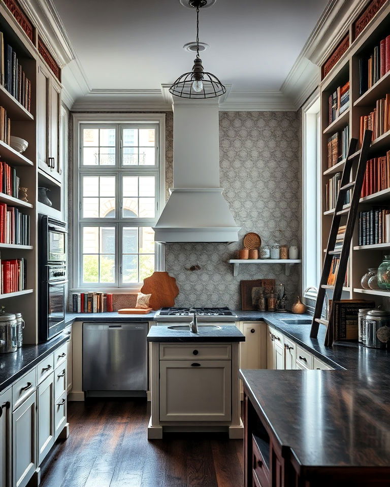 floor to ceiling bookshelves for academia kitchen - 25 Dark Academia Kitchen Ideas