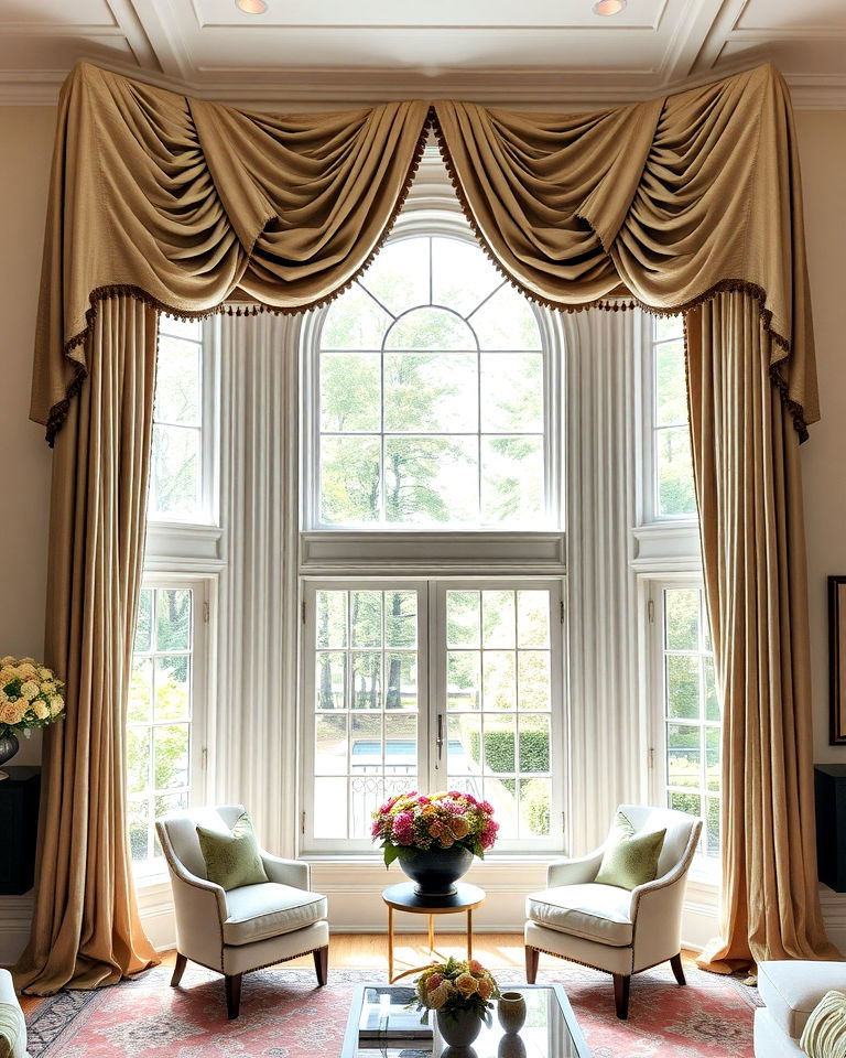floor to ceiling drapes for grandeur - 30 Bay Window Treatment Ideas