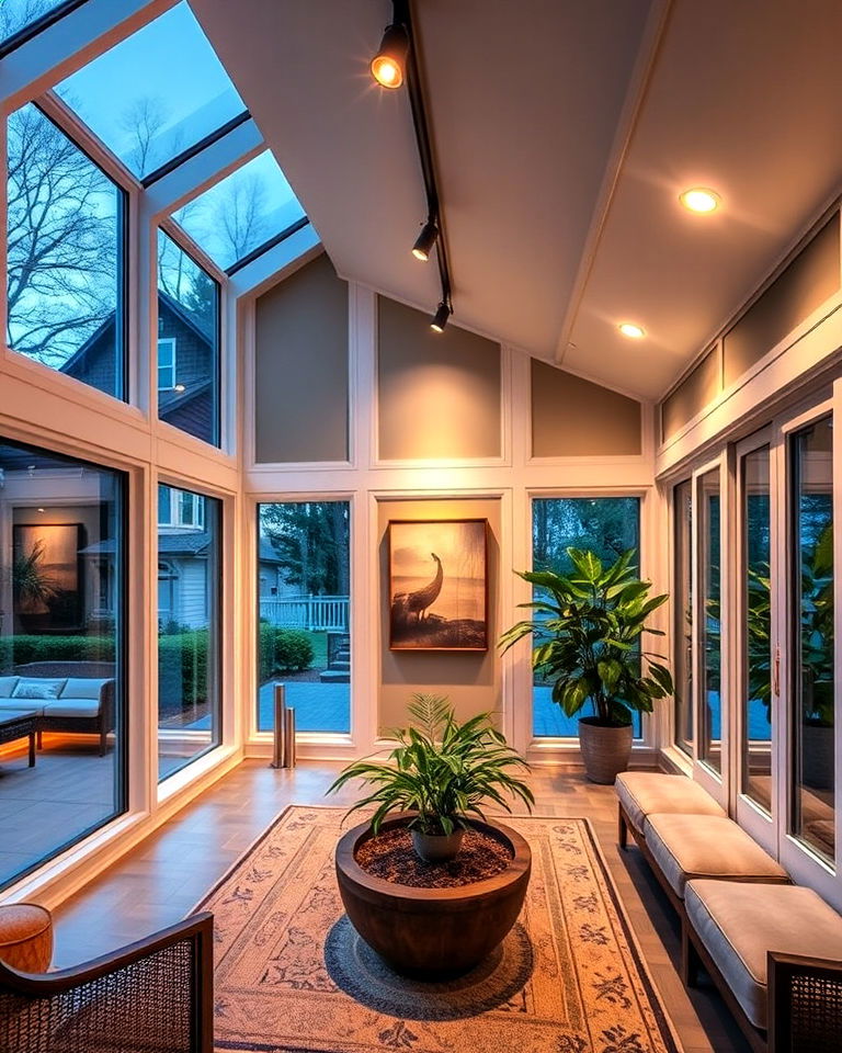 floor to ceiling windows with track lighting - 15 Sunroom Lighting Ideas