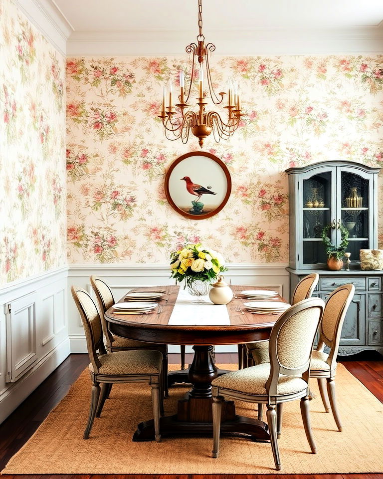 floral patterned wallpaper cottagecore dining room - 40 Cottagecore Dining Room Ideas