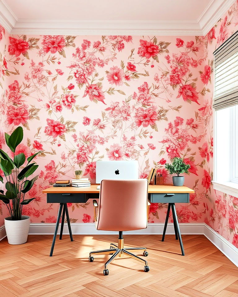 floral wallpaper home office - 25 Pink Home Office Ideas