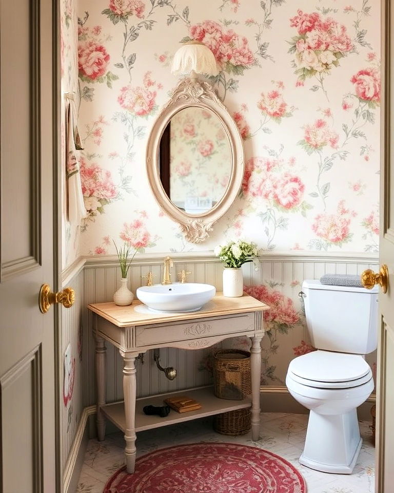 floral wallpaper shabby chic bathroom - 25 Shabby Chic Interior Design Ideas