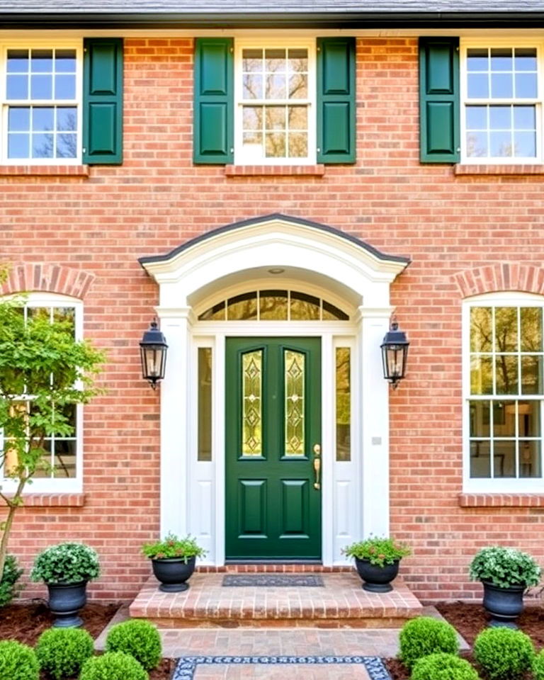 forest green accents paired brick house with bright white trim - 25 Blonde Brick House Color Schemes