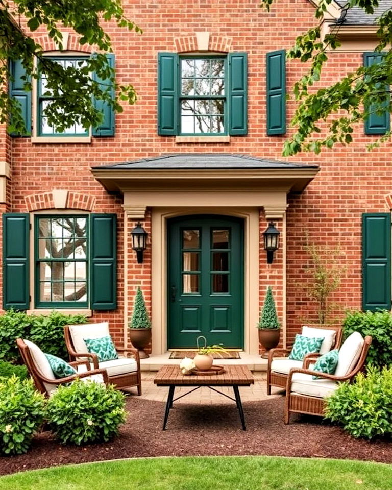 forest green accents paired with beige trim - 25 Blonde Brick House Color Schemes