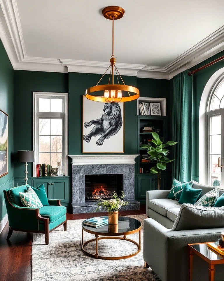 forest green and brass lighting living room - 25 Forest Green Living Room Ideas