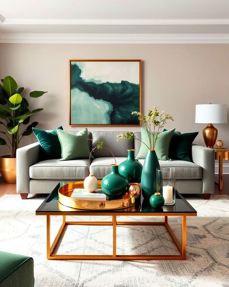 forest green and gold decor accents living room - 25 Forest Green Living Room Ideas
