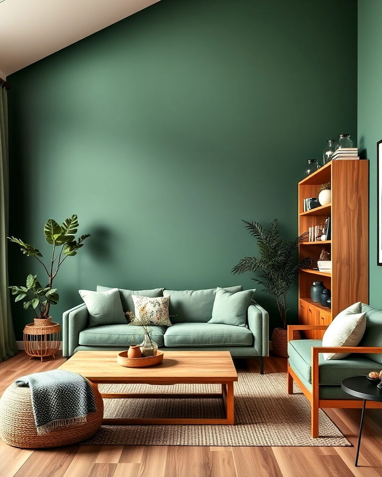 forest green and natural wood tones living room - 25 Forest Green Living Room Ideas