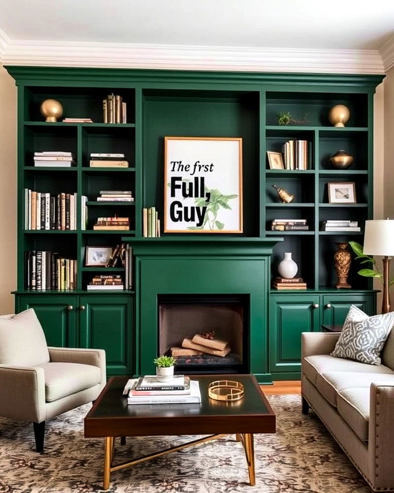 forest green bookcases living room - 25 Forest Green Living Room Ideas