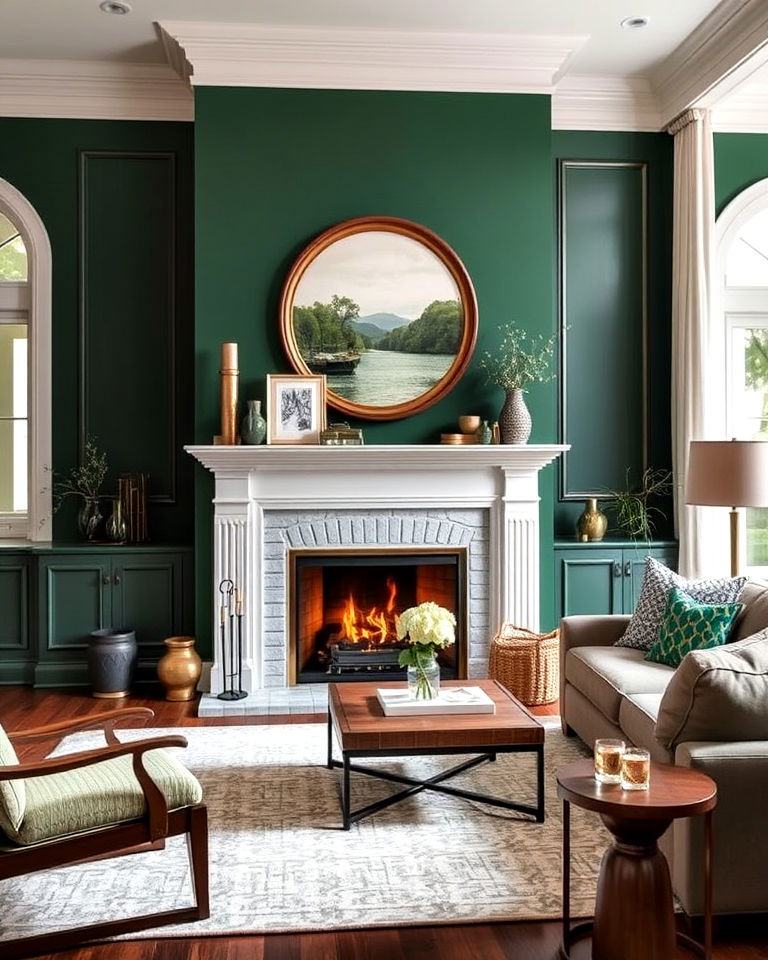 forest green feature fireplace living room - 25 Forest Green Living Room Ideas