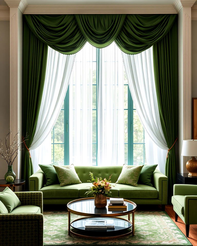 forest green layered drapes living room - 25 Forest Green Living Room Ideas