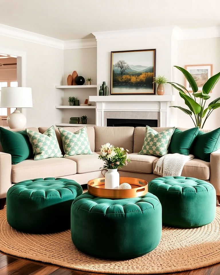 forest green poufs living room - 25 Forest Green Living Room Ideas