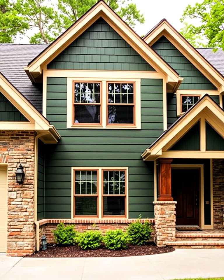 forest green siding with cream trim and stone accents - 30 House Siding Colors