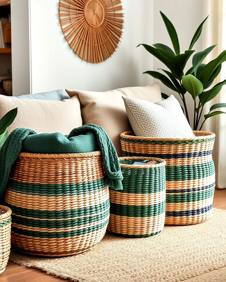 forest green woven baskets living room - 25 Forest Green Living Room Ideas