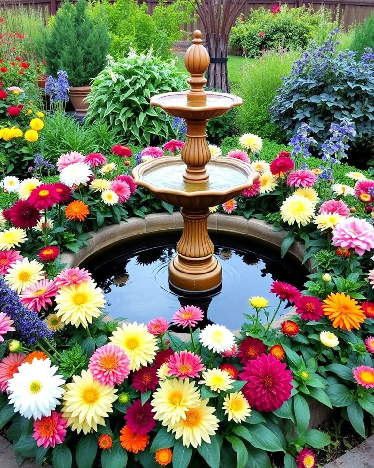 frame a water feature with dahlias - 15 Dahlia Garden Ideas