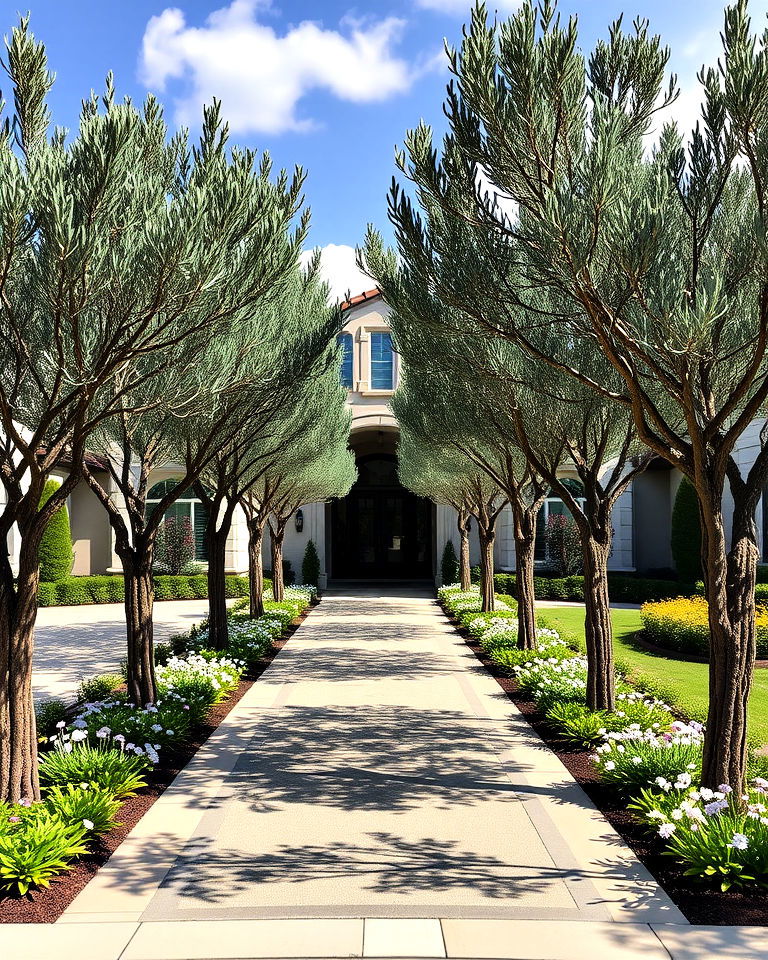 frame the driveway with olive trees - 15 Front Yard Olive Tree Landscape Ideas