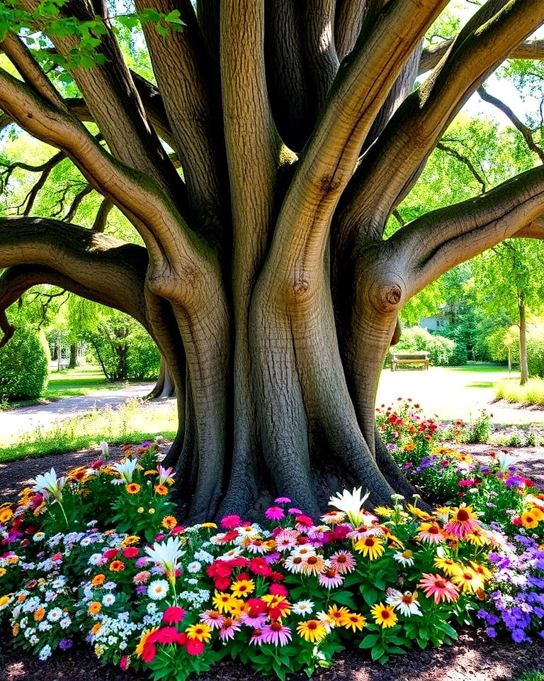 frame the oak with flowering perennials - 15 Oak Tree Landscaping Ideas
