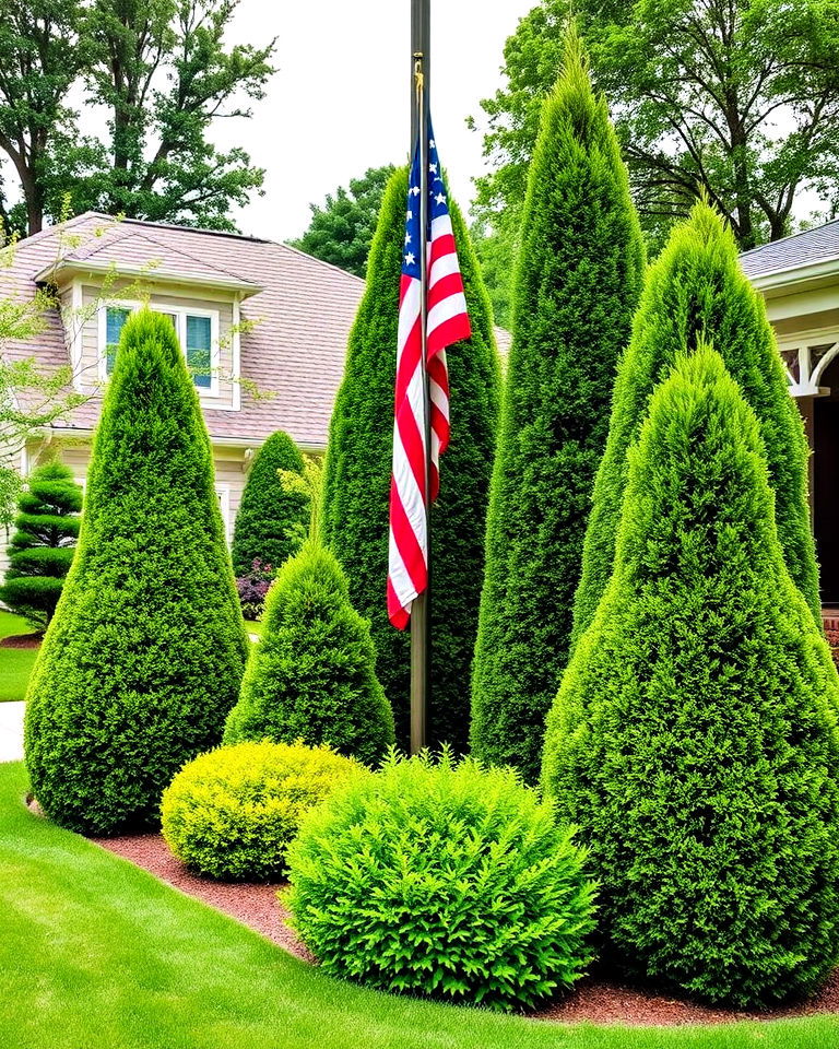 frame with evergreen plants - 20 Residential Flag Pole Landscaping Ideas
