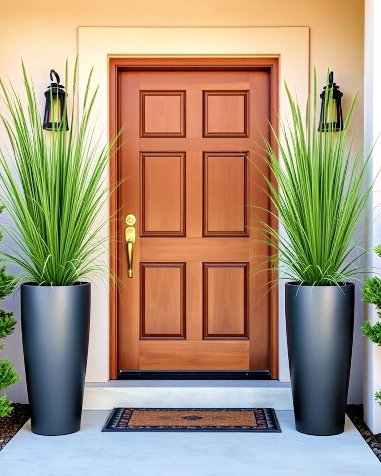 frame your doorway with tall planters - 20 Front Yard Landscaping With Potted Plants