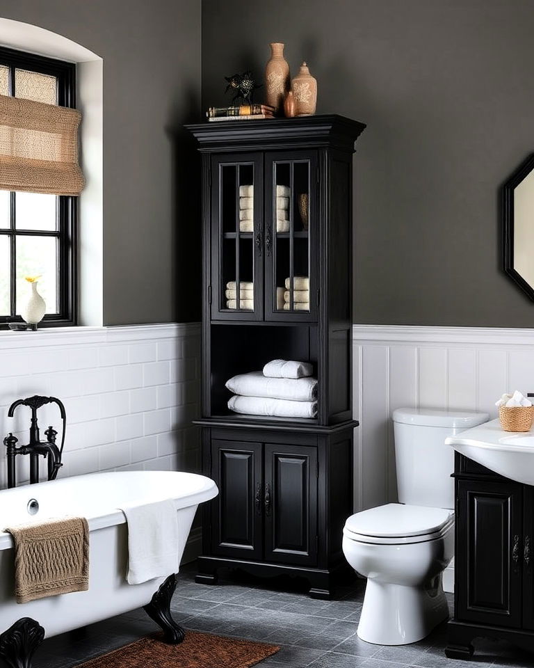 freestanding cabinets dark academia bathroom - 25 Dark Academia Bathroom Ideas