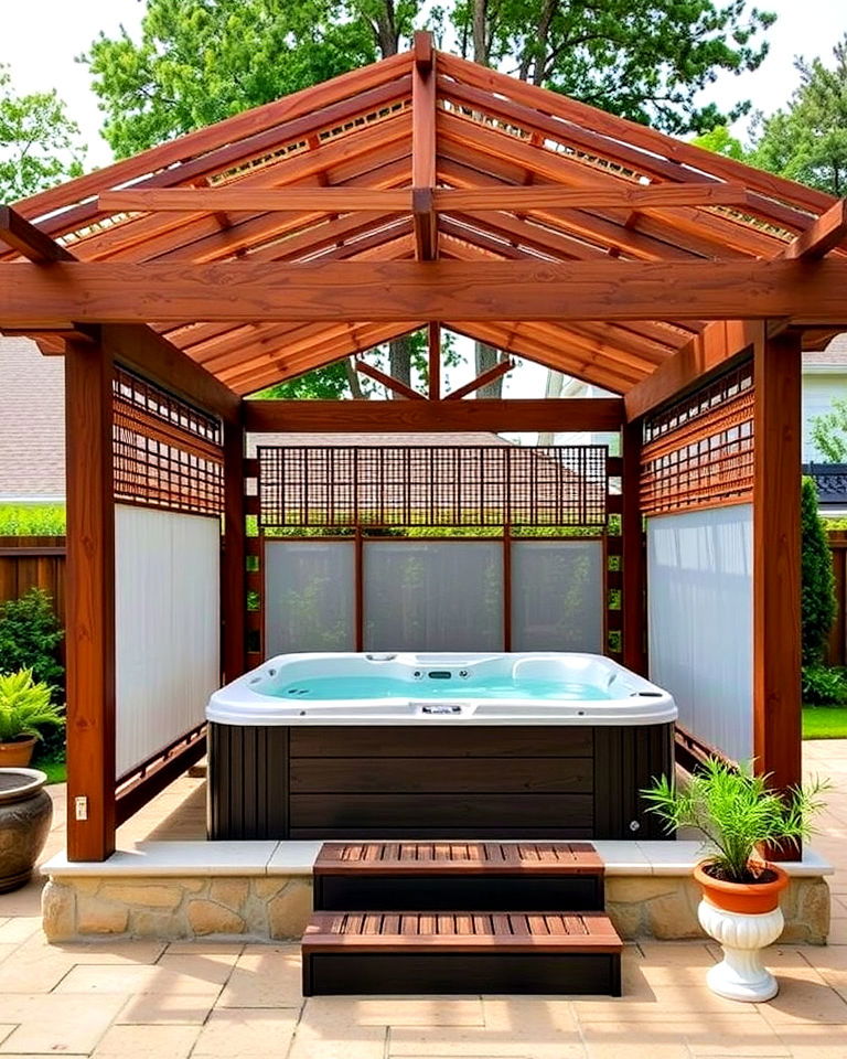 freestanding pergola with privacy panels - 15 Hot Tub Pergola Ideas