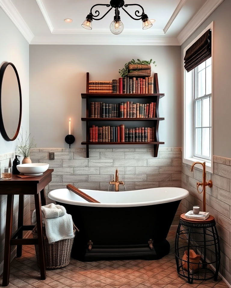 freestanding shelving for books - 25 Dark Academia Bathroom Ideas