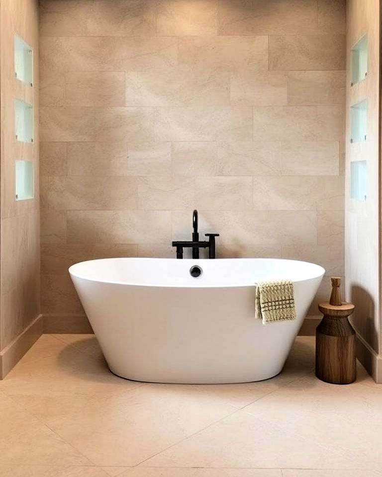 freestanding tub surrounded by travertine - 25 Travertine Bathroom Ideas