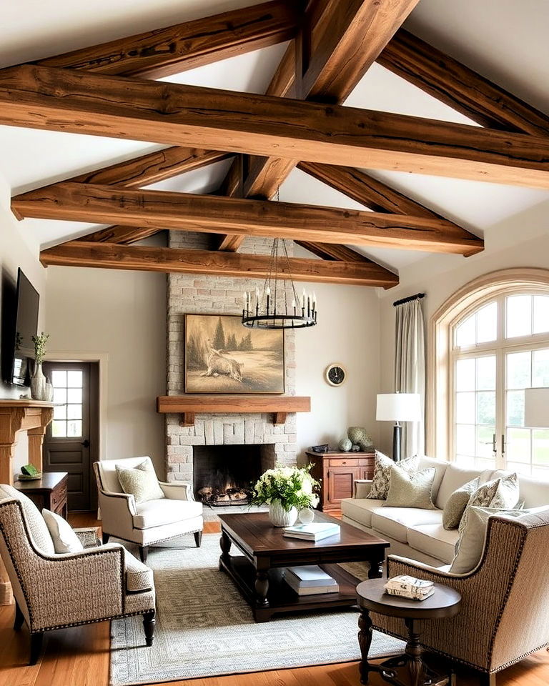 french country style is the use of exposed wooden beams - 30 French Country Living Room Ideas