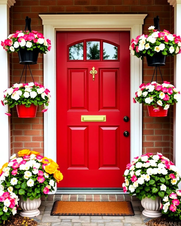 front door vibrancy with floral accents - 25 Red Front Door Ideas