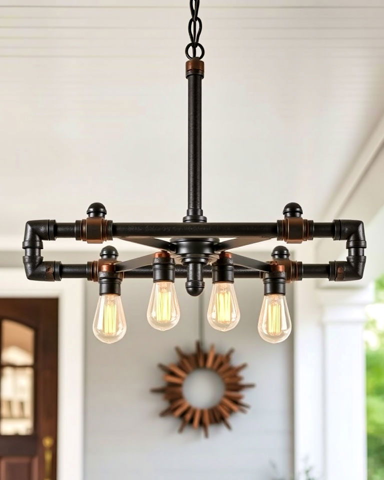 front porch industrial pipe chandelier - 15 Front Porch Chandelier Ideas