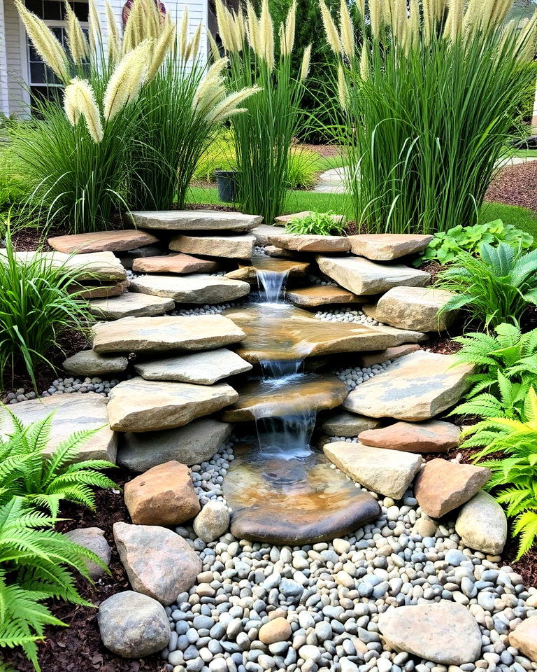 front yard cascading pebble waterfall effect - 25 Front Yard Dry Creek Bed Landscaping Ideas