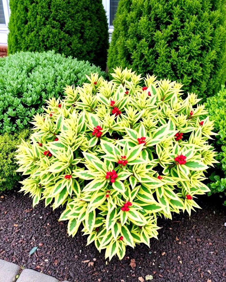 front yard color with variegated evergreens - 25 Front Yard Evergreen Landscaping Ideas