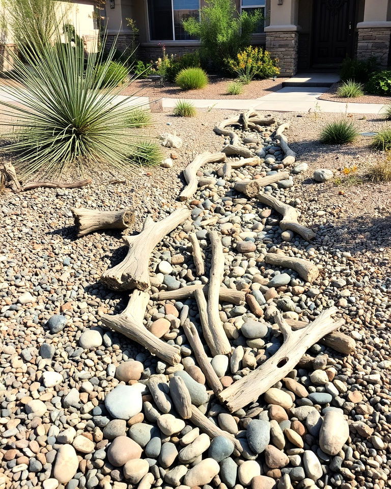 front yard gravel and driftwood combination - 25 Front Yard Dry Creek Bed Landscaping Ideas
