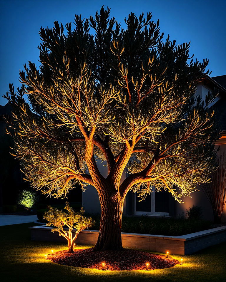 front yard illuminate with uplighting - 15 Front Yard Olive Tree Landscape Ideas