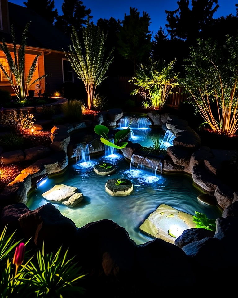 front yard illuminated night pond - 15 Front Yard Pond Ideas