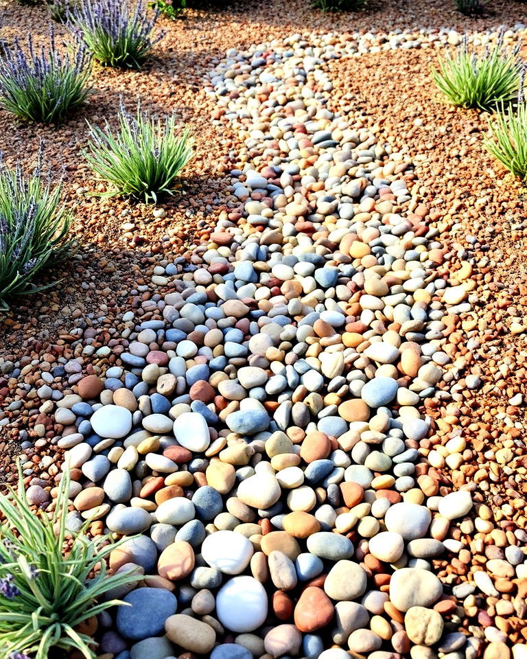 front yard multicolored pebble pathway - 25 Front Yard Dry Creek Bed Landscaping Ideas