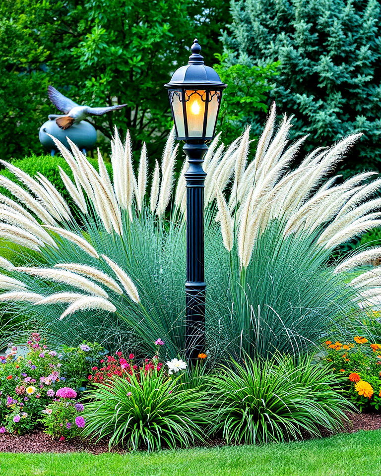 front yard ornamental grasses lamp post - 15 Front Yard Lamp Post Landscaping Ideas