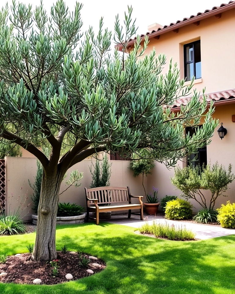 front yard outdoor seating with shade - 15 Front Yard Olive Tree Landscape Ideas