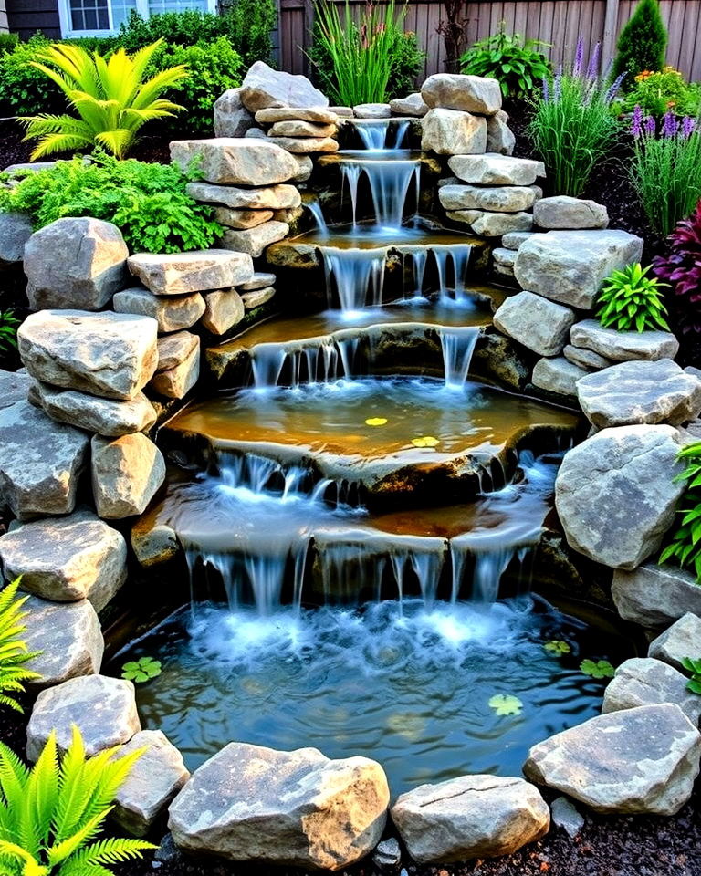 front yard tiered waterfall pond - 15 Front Yard Pond Ideas