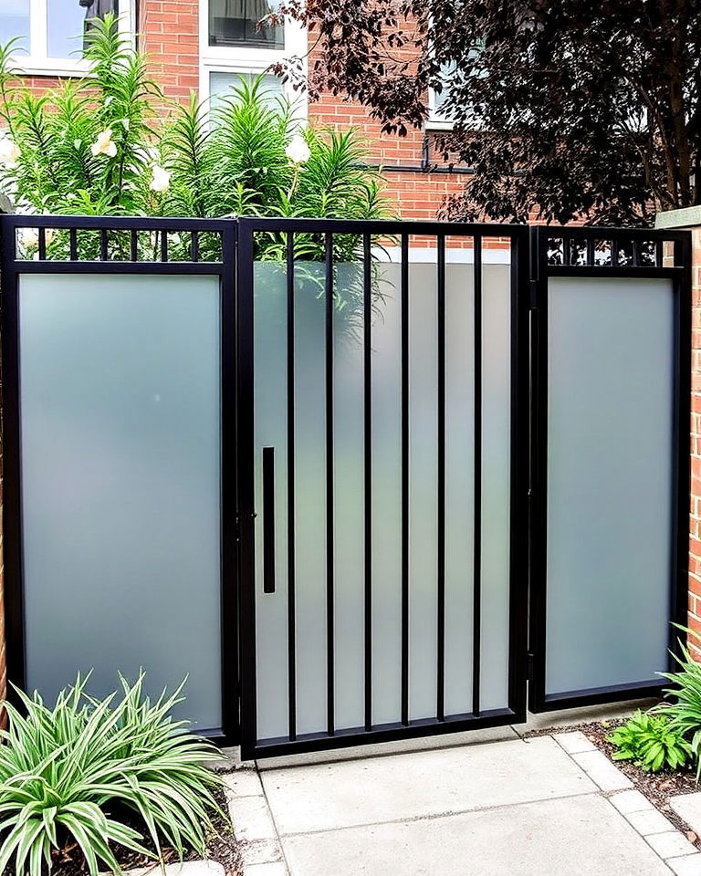 frosted glass and metal combination gate - 20 Metal Garden Gate Ideas