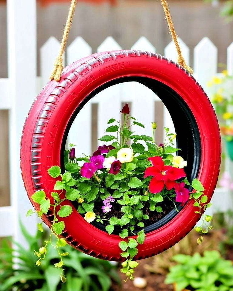 fun tyre swing planter - 25 Recycled Tyre Garden Art Ideas