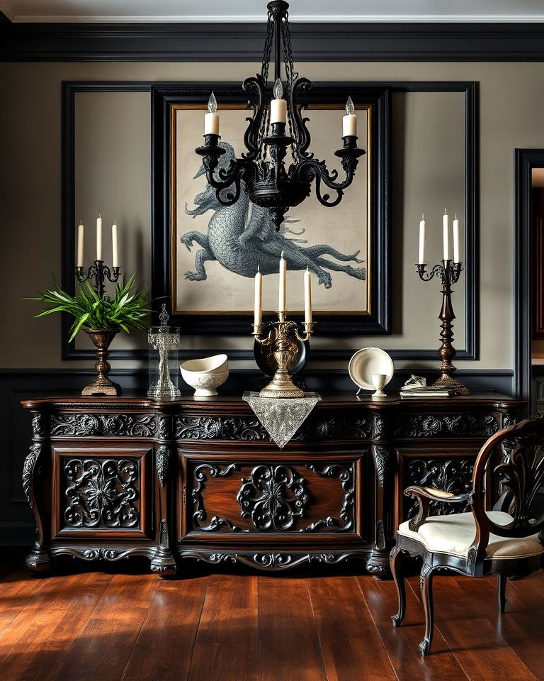 functional carved wooden sideboard - 15 Dark Academia Dining Room Ideas