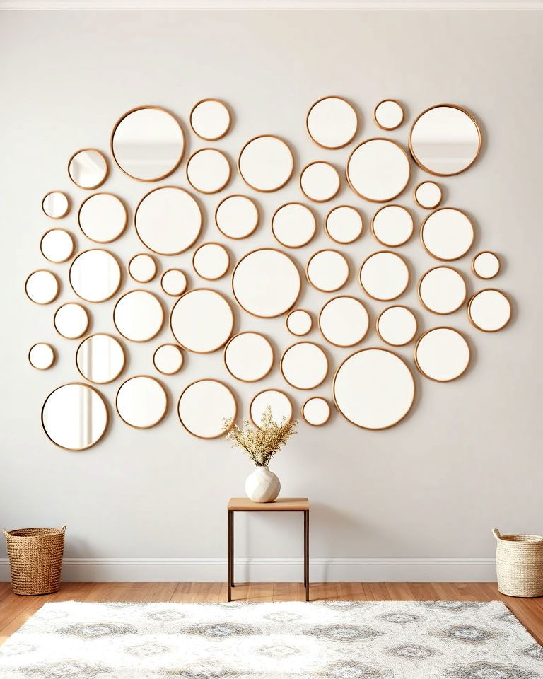 gallery wall composed entirely of circular mirrors - 25 Mirror Gallery Wall Ideas
