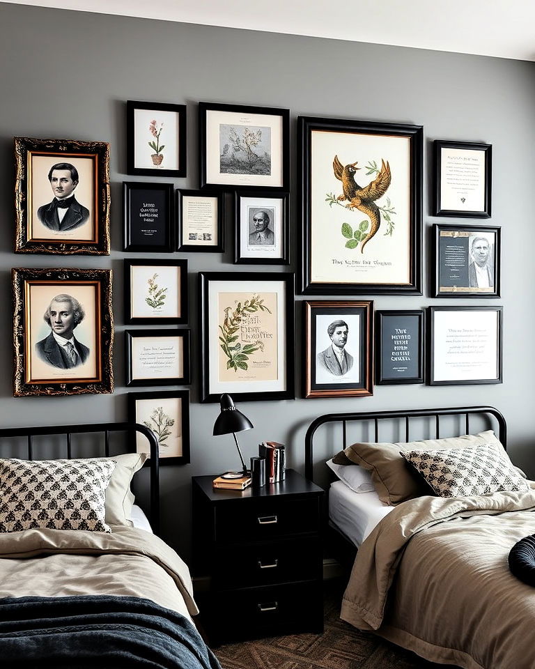 gallery wall of academic art dorm room - 15 Dark Academia Dorm Room Ideas