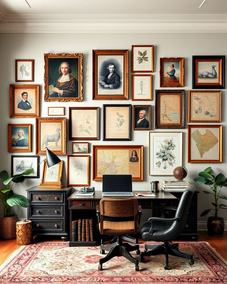 gallery wall of classical art - 20 Dark Academia Home Office Ideas