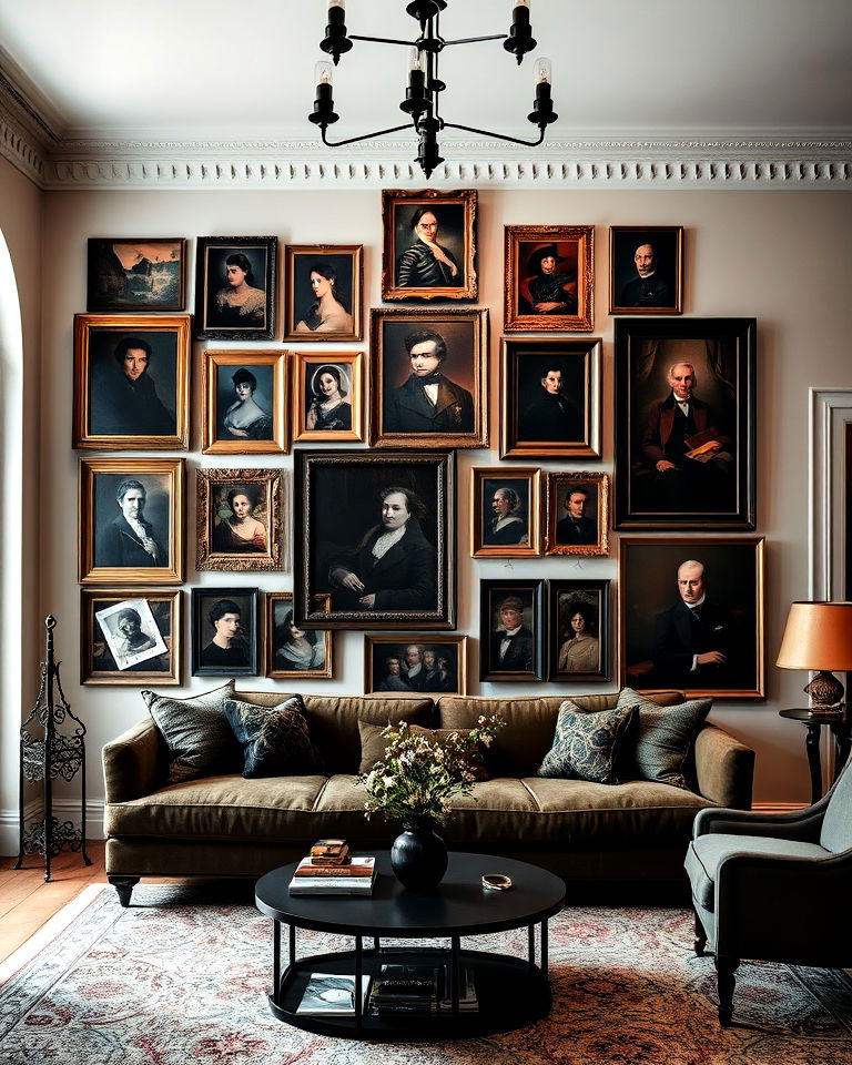 gallery wall of old portraits living room - 25 Dark Academia Living Room Ideas